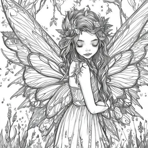 Prompt: outline only, Drawing cute Tiny fairy friends in a garden full of vibrant plants Beautiful fairy in forest coloring page, detailed wings, enchanted forest setting, high quality, intricate line art, fantasy, magical, natural lighting, lush greenery, vibrant colors, whimsical, fantasy art, detailed hair, professional, atmospheric