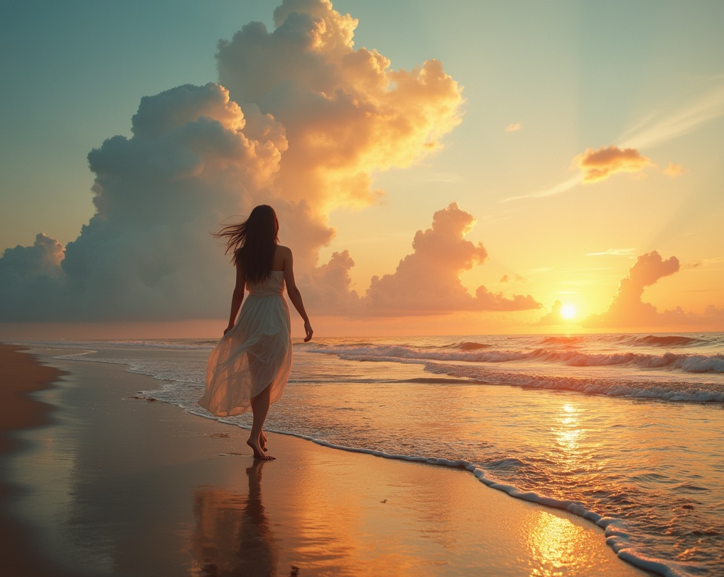 Prompt: (Donna rossa molto bella), walking barefoot on a serene shoreline, beneath a breathtaking sky, exquisite artistic clouds forming an enchanting backdrop, warm sun casting golden hues on the water, tranquil ambiance, gentle waves lapping at the sand, ultra-detailed, cinematic quality, emotionally captivating scene, inviting and dreamy atmosphere.