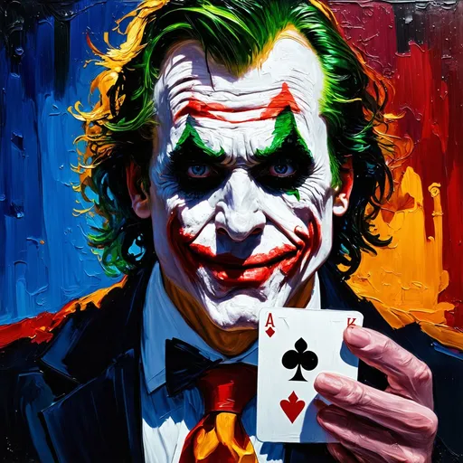 Prompt: Joker showing poker card, oil painting, detailed facial expression, vibrant colors, high quality, realistic, classic art, dramatic lighting, theatrical atmosphere