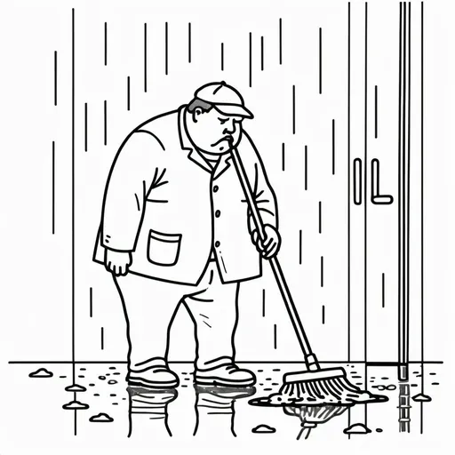 Prompt: simple line drawing of fat sad man mopping floor in the rain