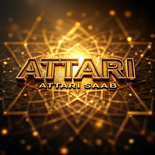 Prompt: At the top, 'ATTARI' should be written in a bold, 3D-style crystal-glass font with a slightly tilted (slanted) effect, making it look dynamic and stylish. The letters should have a reflective golden glow with smooth edges, giving them a premium and eye-catching appearance. Below it, 'ATTARI SAAB' should be written in a clean yet elegant font—bold but slightly refined, ensuring a professional and aesthetic balance. The background should feature subtle Islamic geometric patterns with a soft artistic golden light effect, creating a spiritual and premium feel. The overall design should be visually striking, making it perfect for a WhatsApp profile picture.