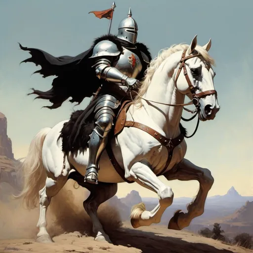 Prompt: A Frank Frazetta style fantasy crusader in full armor on a horse