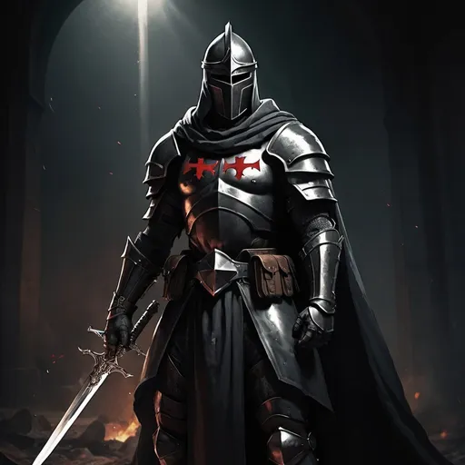 Prompt: Dark Crusader holding a sword, the solider of the holy, fighting for the better.