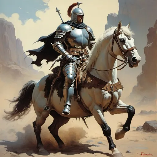 Prompt: A Frank Frazetta style fantasy crusader in full armor on a horse