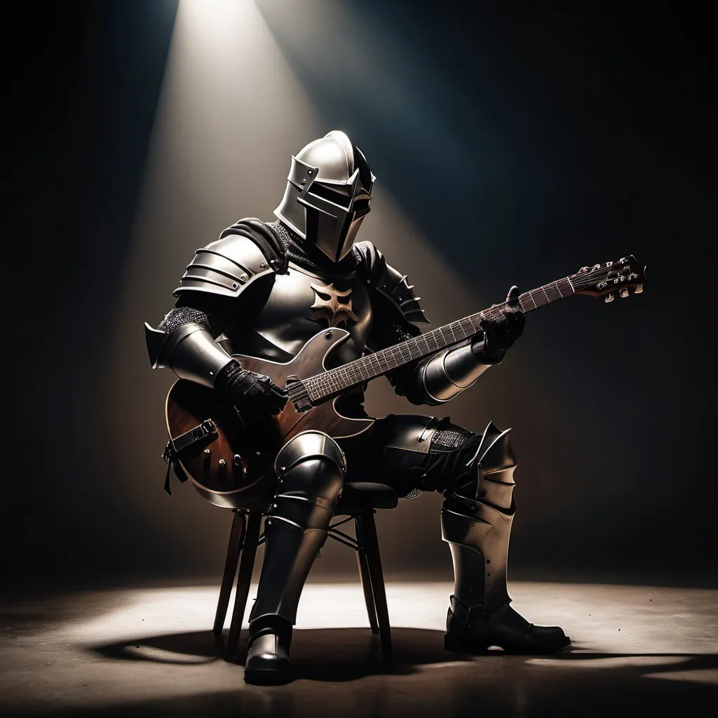 Prompt: Dark crusader in full armor and helmet playing a guitar under a spotlight. Turned to the right, sitting ona chair, cinematic shot and pose