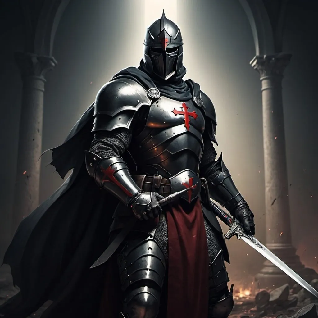 Prompt: Dark Crusader holding a sword, the solider of the holy, fighting for the better.