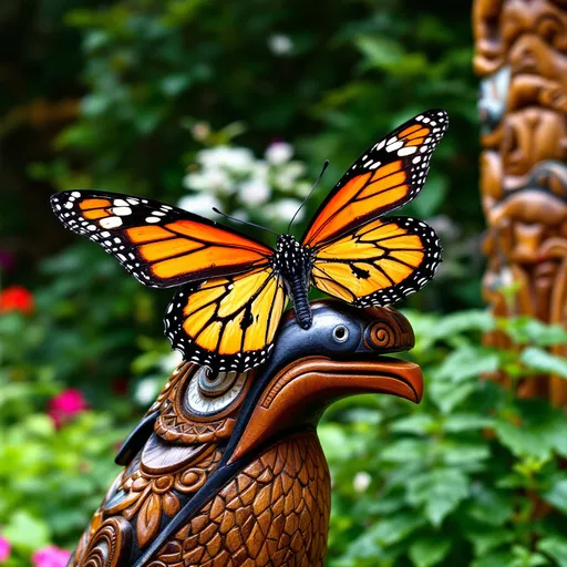 Prompt: A monarch butterfly and Tui bird amongst māori culture 