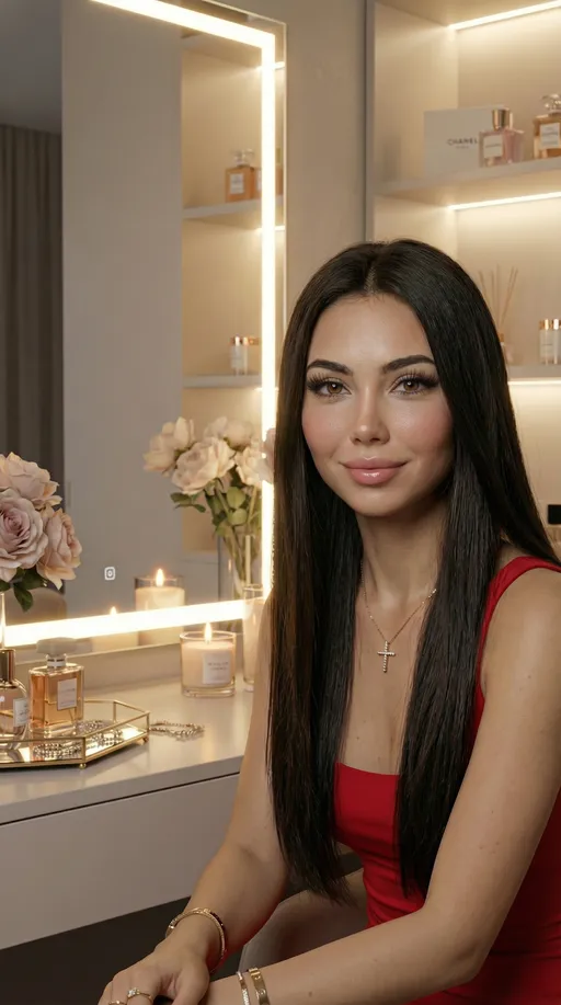 Prompt: 

“Ultra-realistic 5K portrait of the same woman from the reference image, sitting in a luxury vanity room with soft golden lighting, candles, perfumes, and roses. She has a subtle half-Asian look with soft almond eyes, slightly larger warm dark-brown irises, and very long, thick, dark curled upper lashes. She has a natural soft-smile expression, gentle happiness in her eyes, and glossy full lips with high-detail texture. Skin is hyper-detailed with visible pores, micro-texture, natural blush, and subsurface scattering. Her hair is extremely long, straight, dark brown, reaching past her waist with individual strand detail. She is wearing a red dress, diamond gold cross necklace, gold jewelry. Cinematic beauty lighting, luxury influencer aesthetic, Canon EOS R5 clarity, perfect depth falloff.”