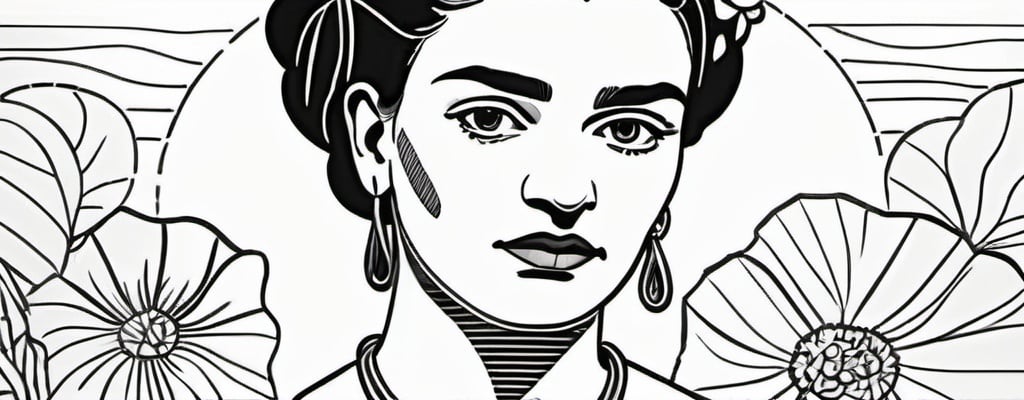 Prompt: picasso curved lineart, wide background lines with marigolds, black and white, frida kahlo portrait, contemporary, cubism, negative space