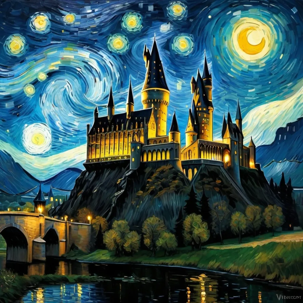 Prompt: Hogwarts castle with the starry night painting by vincent van gogh in the background. 