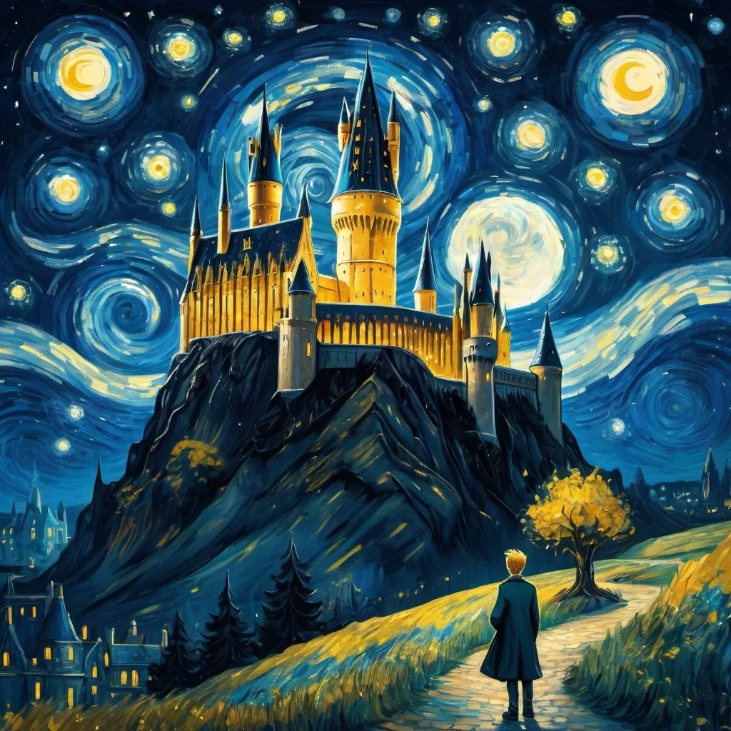 Prompt: Hogwarts castle with the starry night painting by vincent van gogh in the background. The little prince and fox sitting in the foreground. 