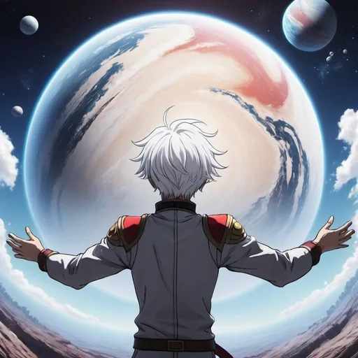 Prompt: White hair omni being looking down on a planet with open arms . Anime style