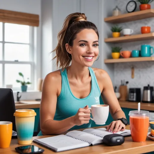 Prompt: create a youtube a vibrant youtube thumbnail about Morning Routine for a Productive Day video, add a woman on the image