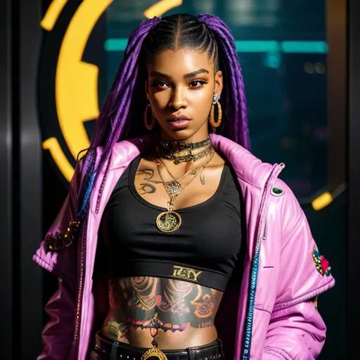 Prompt: cyberpunk, pretty, nice, perfect ebony qween, gooning, looks maxing hard, face tattoo, lil peep stan, full body, also likes pizza,holding guns, gold chains