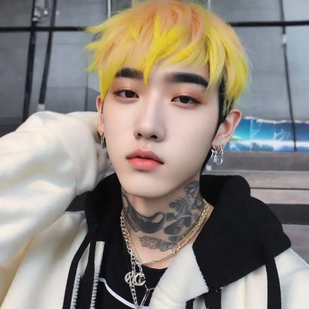 Prompt: Korean version of Lil peep half blond hair dye, half black air dye