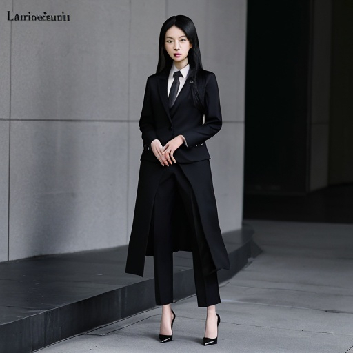 Prompt: black + asain, balckpink, le sarafin, long hair, wearing lawyer suit, heels