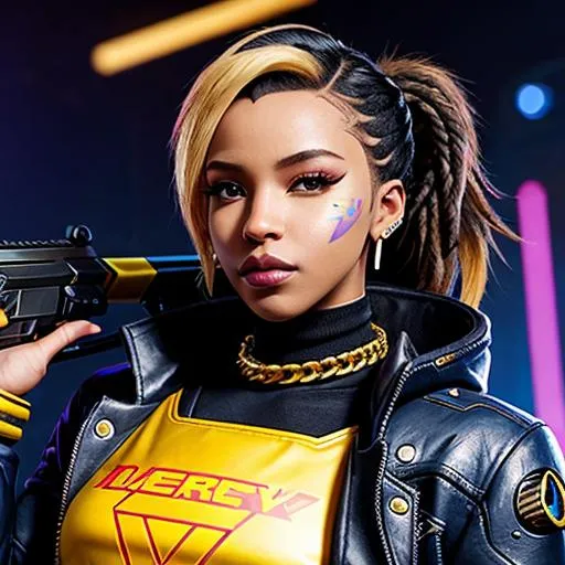 Prompt: Overwatch mercy, cyberpunk, pretty, nice, perfect ebony qween, gooning, looks maxing hard, face tattoo, lil peep stan, full body, also likes pizza,holding guns, gold chains