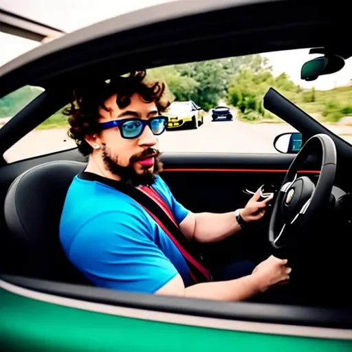 Prompt: Sam Hyde GOING FREAKING BEAST MODE ON LIBTARDS, SAM HYDE TROLLING THE MEDIA FROM A CAR Just One guy, Driving a Super Car, IN A POOR Neighborhood, WITH Sam  Throwing Trash out window From inside the Super Car, He is inside the car, POV from inside the car looking at him from the passenger side like a video if his