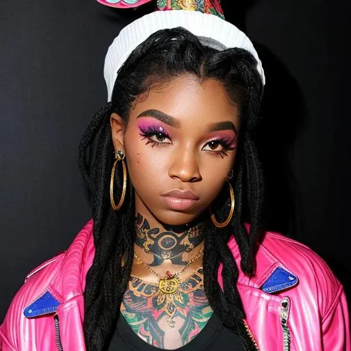 Prompt: perfect ebony qween, gooning, looks maxing hard, face tattoo, lil peep fan