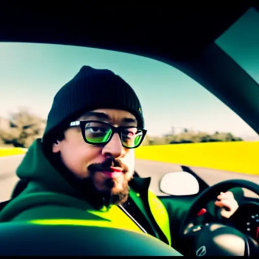 Prompt: Sam Hyde GOING FREAKING BEAST MODE ON LIBTARDS, SAM HYDE TROLLING THE MEDIA FROM A CAR Just One guy, Driving a Super Car, IN A POOR Neighborhood, WITH Sam  Throwing Trash out window From inside the Super Car, He is inside the car, POV from inside the car looking at him from the passenger side like a video if his