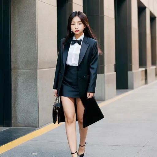 Prompt: black + asain, blackpink, le sarafin, long hair, wearing lawyer suit, heels, tall, 