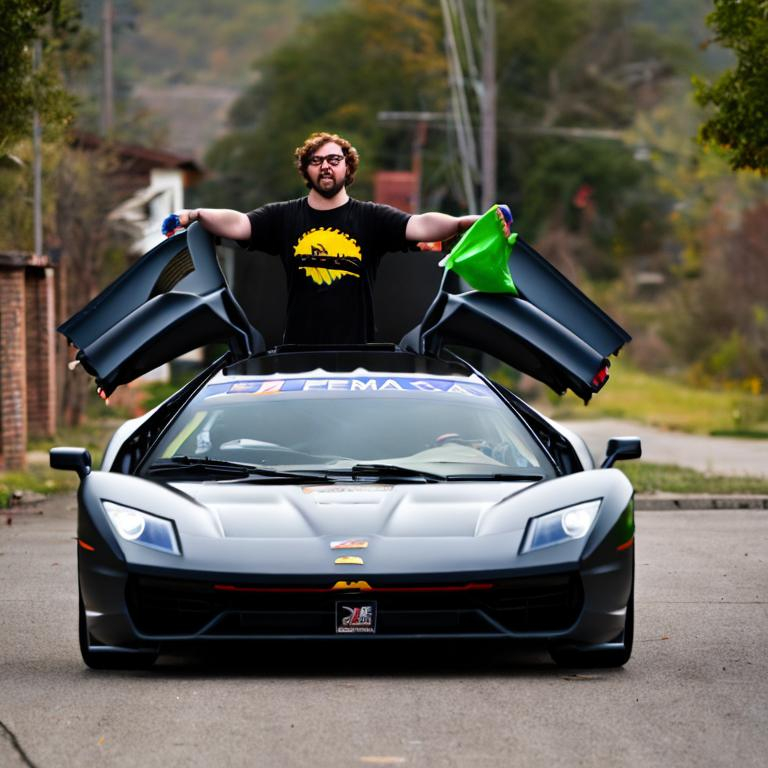 Prompt: Sam Hyde GOING FREAKING BEAST MODE ON LIBTARDS, Just One guy, Driving a Super Car, IN A POOR Neighborhood, Throwing Trash out window