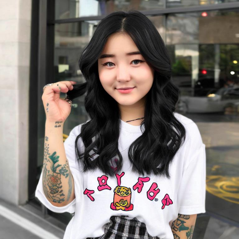 Prompt: Korean Perfect, Best, S teir, cutie pie Asain girl version of Lil peep half blond hair dye, half black air dye, Lots of tattoos All over 