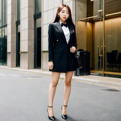 Prompt: black + asain, blackpink, le sarafin, long hair, wearing lawyer suit, heels, tall, Pretty face