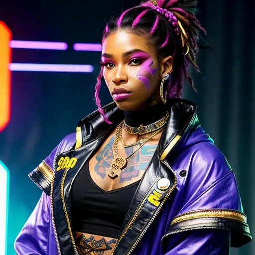 Prompt: cyberpunk, pretty, nice, perfect ebony qween, gooning, looks maxing hard, face tattoo, lil peep stan, full body, also likes pizza,holding guns, gold chains