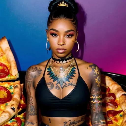 Prompt: perfect ebony qween, gooning, looks maxing hard, face tattoo, lil peep stan, full body, also likes pizza
