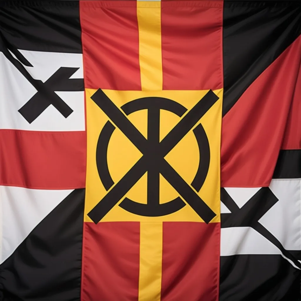 Prompt: A flag with a swastika like symbol in the middle with the flag being coloured red black yellow 
