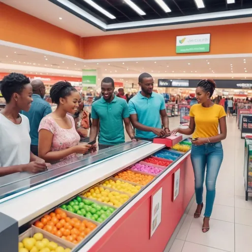 Prompt: Create a realistic colorful picture of people buying shopping mall in South Africa. Some of the people are paying for the goods to the cashier. Put the camera at close range