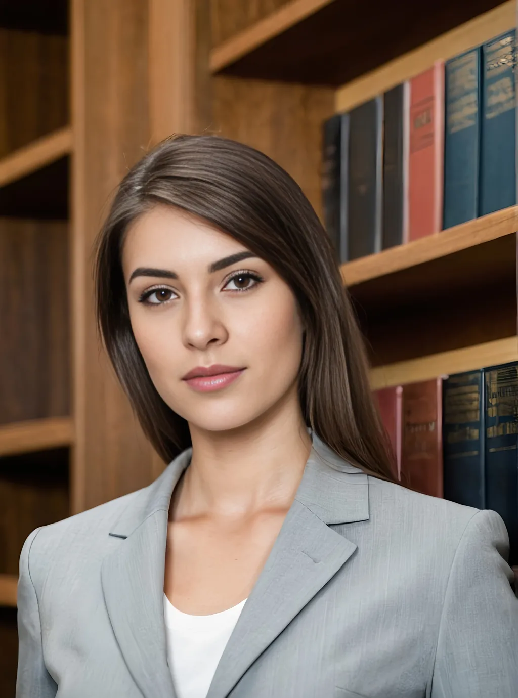 Prompt: business woman wearing a suit standing by a book shelf