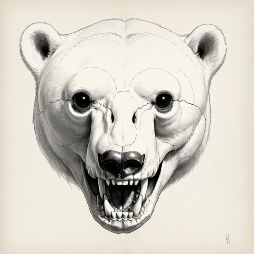 Prompt: A sketch of a polar bear skull winking with one of the eye sockets