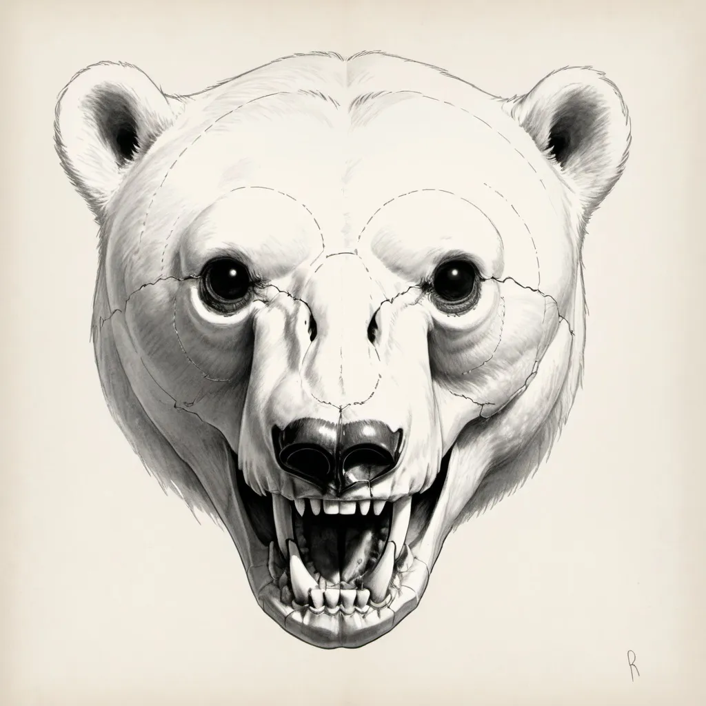 Prompt: A sketch of a polar bear skull winking with one of the eye sockets