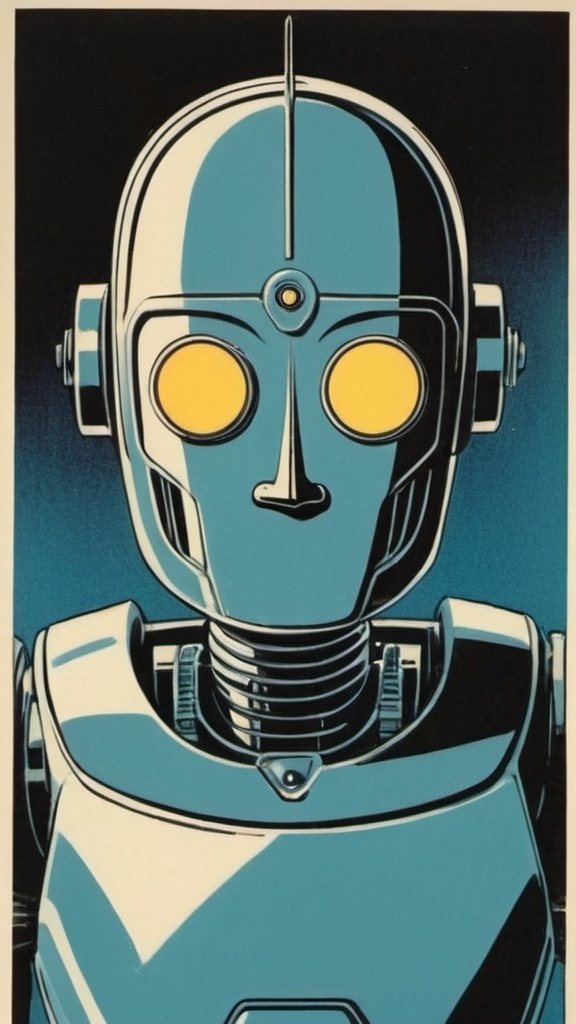 Prompt: Silk screen comic book illustration, a robot is facing the viewer, 1960s retro futurism. 