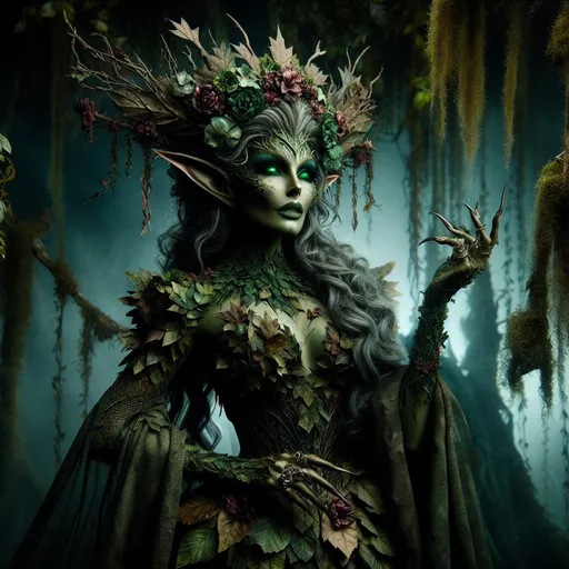 Prompt: Old Flower Queen, (misc-gothic style), (dark color scheme), (Ancient Queen of Dryads), ethereal presence made of leaves and moss, regal crown of flowers and twigs, vibrant green skin, glowing green eyes, mystical atmosphere, elaborate gown of petals and bark, enchanted forest background, dark fantasy elements, otherworldly serenity, detailed textures, fantasy art, ultra-detailed, high quality, captivating and alluring, Elven Queen reminiscent of Thranduil.