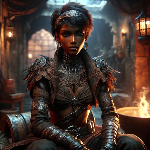 Prompt: Young female Arabian tribal queen, (queen of Fire), (Desert Queen), short hair with silver headband, (dark skin), slightly muscular physique, wearing leather and cloth outfit exposing her muscular stomach, (dark fantasy), (fire Sorceress), old Arabia setting, elaborate tribal tattoos, (richly detailed textures), (dramatic shadows), dark color scheme, (fantasy game style), evocative ambiance, enchantingly mysterious atmosphere, (ultra-detailed).