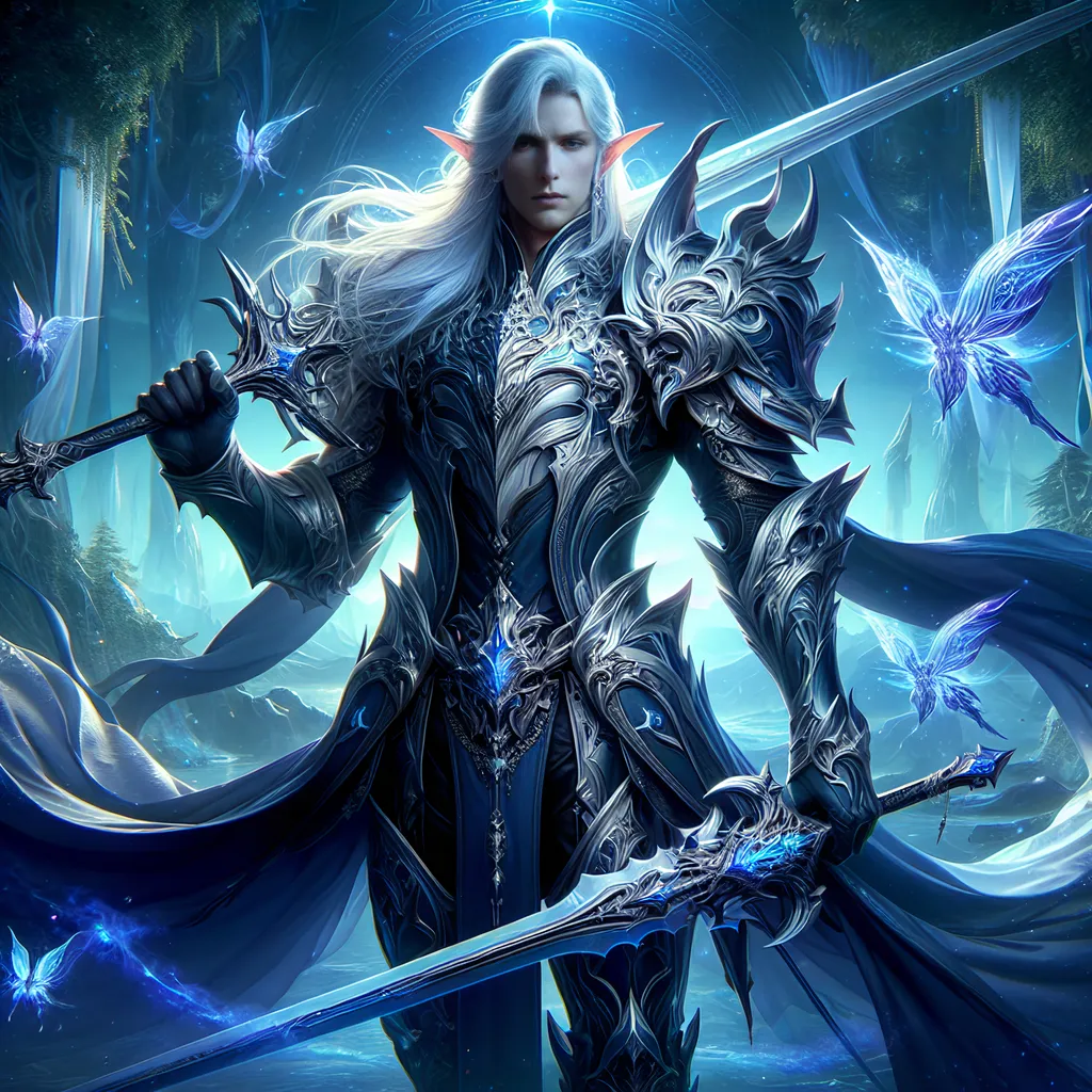 Prompt: fantasy scene featuring (Griffith from Berserk), (beautiful male elf), (greatest swordsman of elven kind), full-body pose with a majestic sword, high fantasy elements, dark fantasy ambiance, cool color scheme with hues of blue and silver, mystical forest background, ethereal glow surrounding him, intricate details in armor and sword design, ultra-detailed rendering, HD quality.