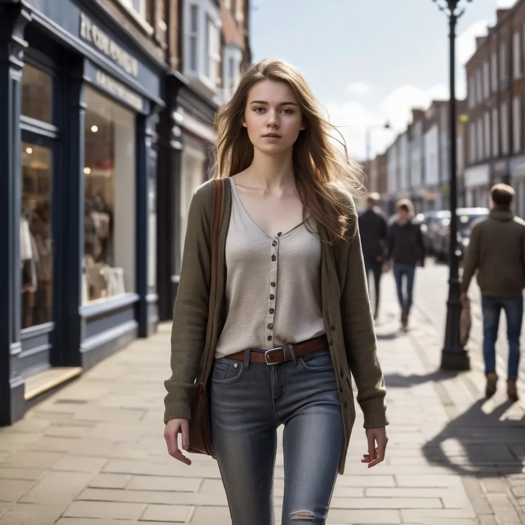 Prompt: Tall young woman walking down the high street, detailed clothing, realistic, natural lighting