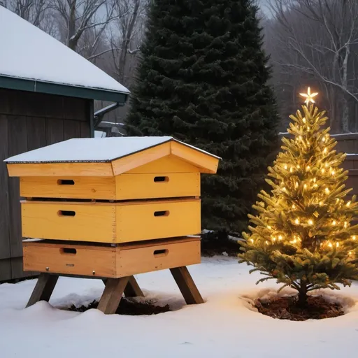 Prompt: A new hive in winter, surrounded by snow. There is a decorated and lit Christmas tree next to hive.