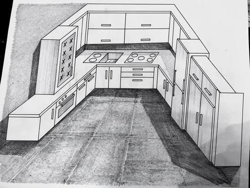 Prompt: This image is a black-and-white pencil drawing of a modern kitchen, viewed from an overhead perspective. The kitchen features a U-shaped layout with cabinets and drawers along the three visible walls. On the left wall, there are several square cabinets with a single door each, and a vertical strip of small, rectangular tiles. The center of the image shows an L-shaped counter with an oven and a stovetop with four burners. Above the stovetop are two large, rectangular cabinet doors. On the right wall, there are more cabinets, similar in style to those on the left, and a tall, narrow cabinet with a single door. The floor is plain and unadorned, with a slight texture that suggests a rough, concrete surface. The lines are clean and precise, with minimal shading, giving the drawing a simple, yet functional appearance. The overall style is minimalistic and functional, focusing on the layout and structure of the kitchen rather than decorative elements. The drawing lacks color, emphasizing the geometric shapes and layout of the kitchen space.