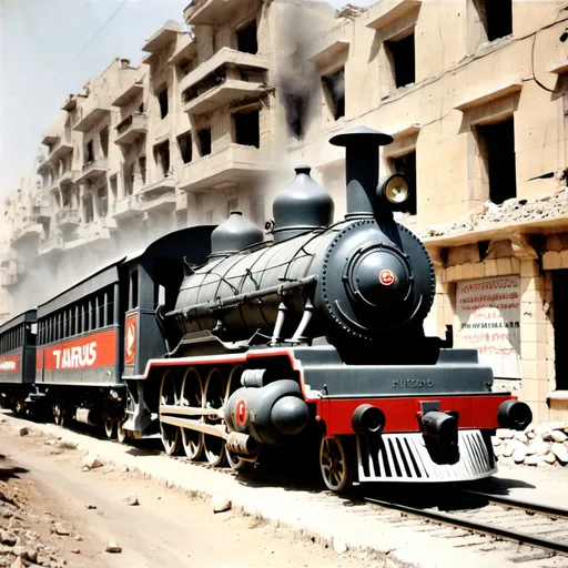 Prompt: THE TAURUS EXPRESS IN ALEPPO
 WITH SOME PEAPLE IN IT, THE PICTUR IS IN 1930, BY OUTSIDE, IT AS TO BE MORE REAL AD I WANT TO SEE THE LOCOMOTIVE, MORE REAL PLEASE

