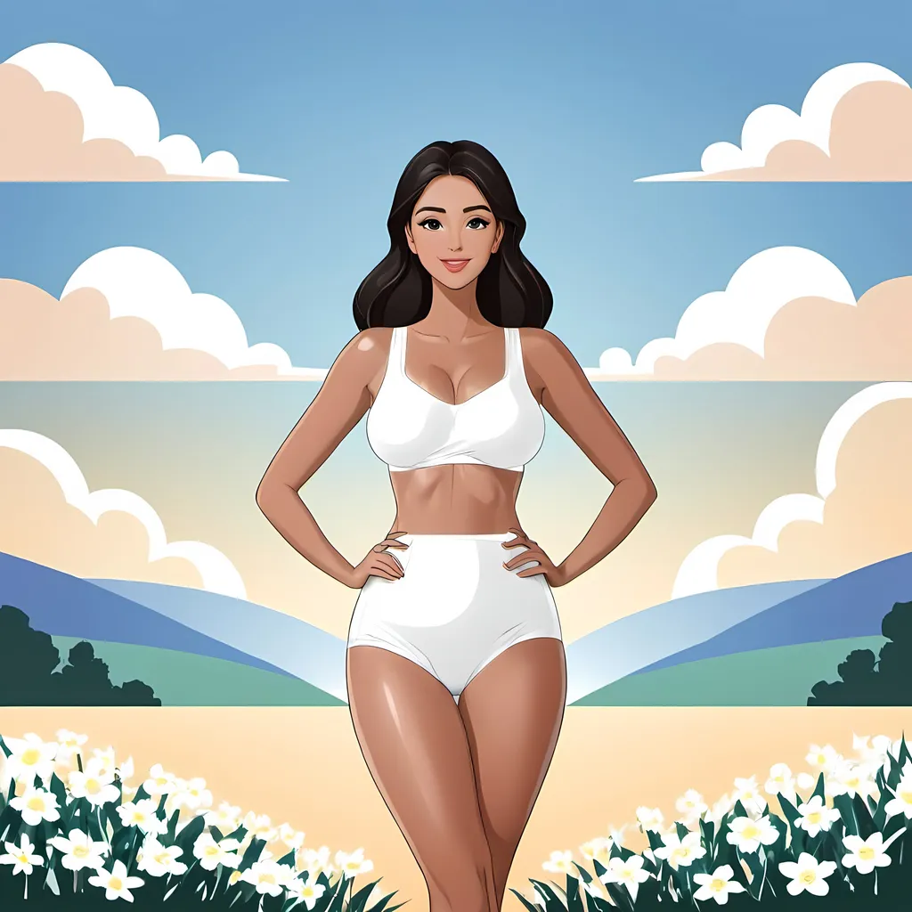 Prompt: Vector illustration of a beautiful thin woman, is wearing a thick diaper, loves wearing diapers, modeling diaper, arms at her side in dynamic pose, cute round glistening eyes, perfect face, perfect hands, perfect diaper, feeling cute, flat light, cozy and cute aesthetic, uhd, 64k, cute aesthetic, full body, includes woman’s face.