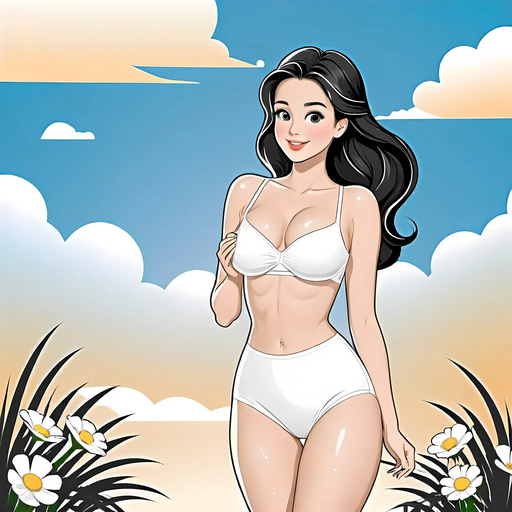 Prompt: Vector illustration of a beautiful thin woman, is wearing a thick diaper, loves wearing diapers, modeling diaper, arms at her side in dynamic pose, cute round glistening eyes, perfect face, perfect hands, perfect diaper, feeling cute, flat light, cozy and cute aesthetic, uhd, 64k, cute aesthetic, full body, includes woman’s face.