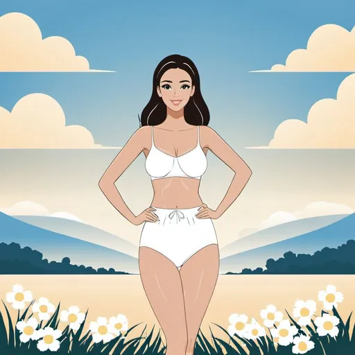 Prompt: Vector illustration of a beautiful thin woman, is wearing a thick diaper, loves wearing diapers, modeling diaper, arms at her side in dynamic pose, cute round glistening eyes, perfect face, perfect hands, perfect diaper, feeling cute, flat light, cozy and cute aesthetic, uhd, 64k, cute aesthetic, full body, includes woman’s face.