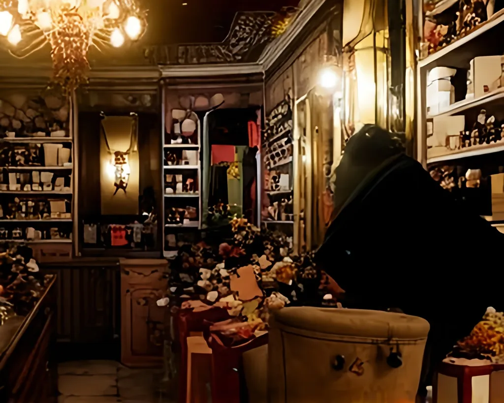 Prompt: A cluttered and slightly messy perfume shop interior with a warm, cozy atmosphere. Shelves overflowing with perfume bottles, some toppled over or scattered around. Various empty and half-used perfume boxes lie open on counters and floors. The marble countertop is crowded with testers, small papers, and floral decorations, some askew. A velvet armchair with perfume bottles and shopping bags piled messily on it. The soft pastel walls have a few smudges and crooked mirrors. Warm lighting from slightly dusty chandeliers gives a lived-in feel. The floor is glossy but has scattered papers and small drops of spilled perfume. Overall, the scene shows a busy, slightly chaotic shop that feels real and unpolished.

