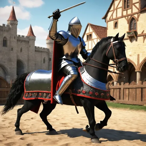 Prompt: This one presents a medieval romance, featuring a jousting scene with a black knight jouster depicted in a vivid 3D image.
