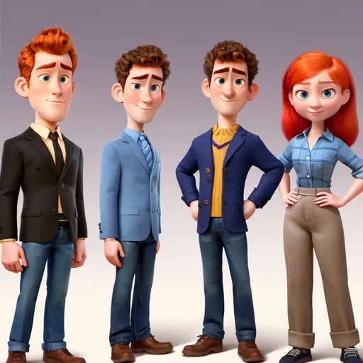 Prompt: A high-quality 3D cartoon-style illustration featuring four ambitious university students with business aspirations, standing confidently with friendly expressions. The characters are arranged in the same composition as the reference image.

Changes:

The third man (far right) should have a different face, distinct from the others. Give him a unique facial structure, different hairstyle, and slightly different expression.
All characters should wear smart casual outfits—not overly formal, but stylish and professional.
Blazers with open-collar shirts (no ties).
Chinos or fitted jeans.
Stylish sneakers or loafers for a modern look.
Subtle color coordination for a fresh and contemporary feel.
Style: Pixar/DreamWorks-inspired 3D cartoon with slightly exaggerated features, warm expressions, and a professional yet youthful energy.

 Soft studio lighting with a professional finish. The background remains the same as the reference.