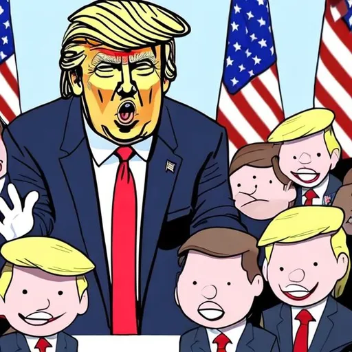 Prompt: Cartoon, Donald Trump, surrounded by kids

